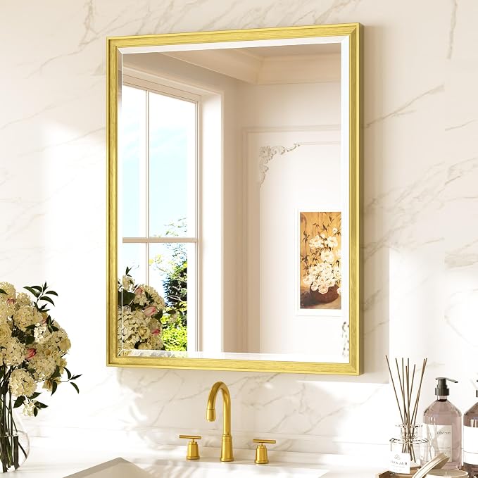 Keonjinn Brushed Gold Bathroom Mirror 24"x30", Beveled Edge Tempered Glass | Aluminum Alloy Frame Square Corner, Secure French Cleat, Anti-Rust, Transitional Style, Gold Bathroom Mirrors for Over Sink