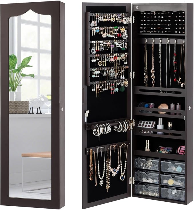 LOKO Lockable Wall-Mounted Mirror Jewelry Cabinet, Tall Jewelry Organizer with 5 LEDs, Large Capacity Jewelry Armoire with Full Length Mirror and 6 Drawers for Women Girls (Brown)