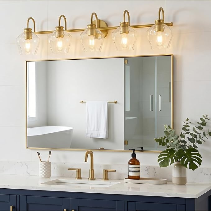 Brushed Gold Vanity Light, 5 Light Bathroom Light Fixtures with Clear Diamond-Shape Hammered Glass, Brass Vintage Ripple Wall Lights for Hallway, Bedroom, Anti-Rust, E26 Base (No Bulbs)