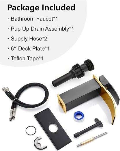 Midanya Waterfall Bathroom Faucet 1 Hole,Polish Gold Spout/Matte Black | with 24” Hoses,Pop Up Drain,6” Deck Plate,for 1 or 3 Hole Vanity,Lavatory,RV,Single Handle Bathroom Sink Faucet,NSF Certified