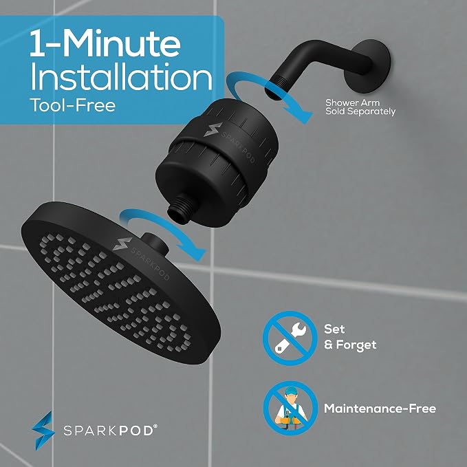 SparkPod Filtered Shower Head, 23-Stage, 6" Round, Black Matte | Showerhead for Hard Water, High Pressure, Reduces Chlorine, Heavy Metals, For Dry Skin & Hair, Removable Capsule Filter