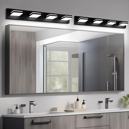 OKELI 4-Light Bathroom Vanity Light Black Modern LED Vanity Light Over Mirror Dimmable Mirror Front Lamp with 350° Adjustable Lamp Head ETL Listed 32W 6000K Cold White