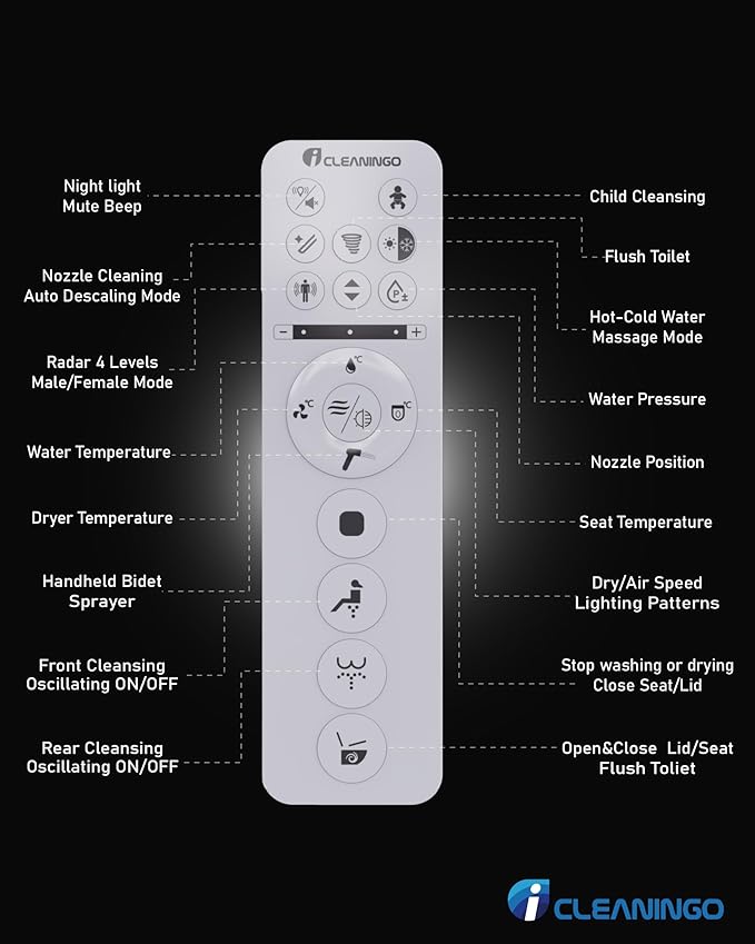 DC02 iCleaningo Electric Bidet Toilet Seat, Auto Open & Close Lid, Heated Seat, Adjustable Wash & Dry, 360° Handheld Sprayer, 42-Color Dual-Ring Ambient Light, Elongated, Remote