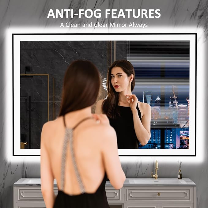 LOAAO 60"X40" LED Bathroom Mirror Black Framed | Anti-Fog, Dimmable, Memory Function, Tempered Glass, Lighted Vanity Mirror for Wall