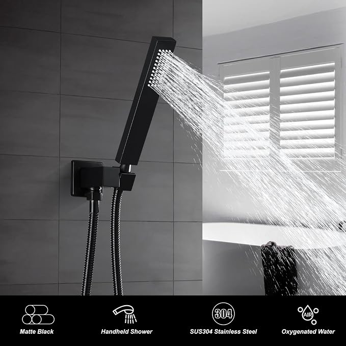 Heyalan SUS304 Handheld Shower Set with Hose & Wall Holder, Matte Black | SUS304 stainless steel wand, straight-style design, single rain spray, 59-inch long hose and standard 1/2-inch connection