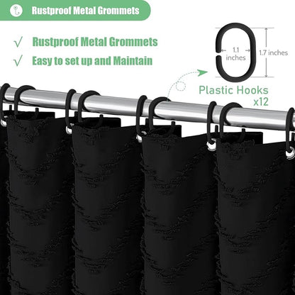 Long Boho Farmhouse Shower Curtain Tufted Chevron 72"x78" Black | 78 Inch Tall, Elegant Tassel, Lightweight Textured Fabric, Water Repellent, Washable, Hotel Spa, for Bathroom/Dorm 12 Hooks
