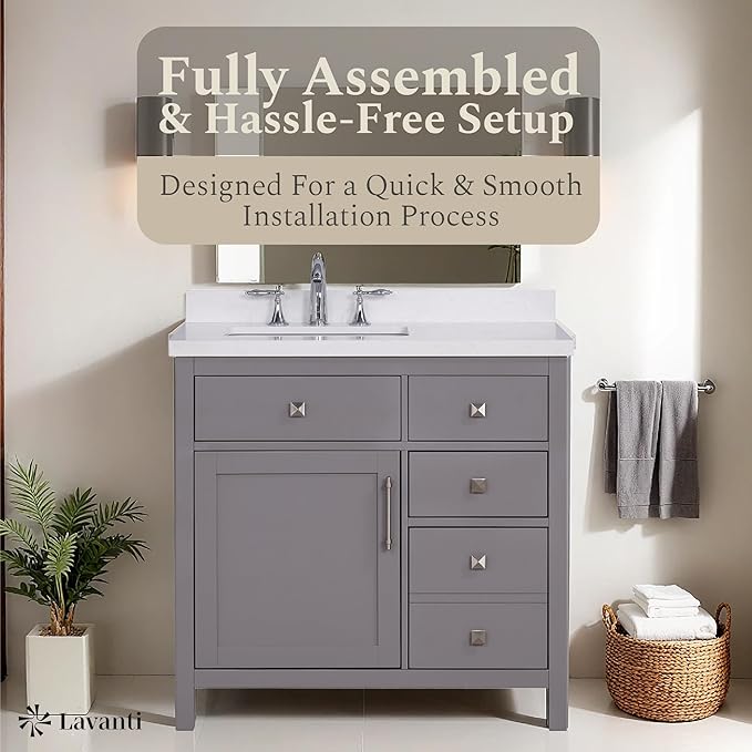 Lavanti Oakford 36 Inch Bathroom Vanity with Sink – Stylish Gray Vanity Bathroom with Storage Cabinet – Modern Bathroom Vanities with Single Vanity Sink & Quartz Countertop