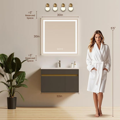 30x30 LED Bathroom Mirror with Anti-Fog, Backlit & Front Lit, Memory | Stepless Dimmable 3 Color CRI 95+ Shatterproof Tempered Glass ETL Listed for Safety Lighted Bathroom Vanity Mirror for Wall