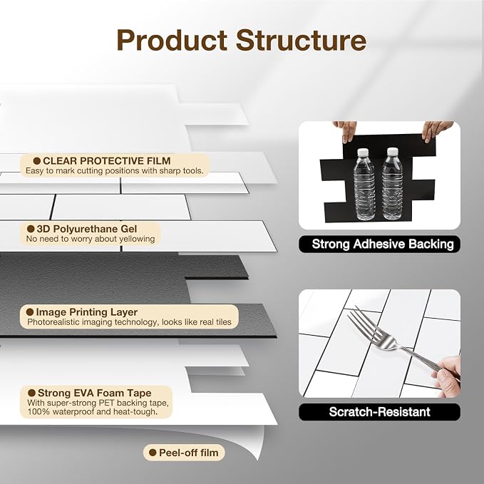 Peel and Stick Backsplash Tile for Kitchen & Bathroom Walls (White, 10 Tiles - 9.7 sq. ft. (0.9 m²))