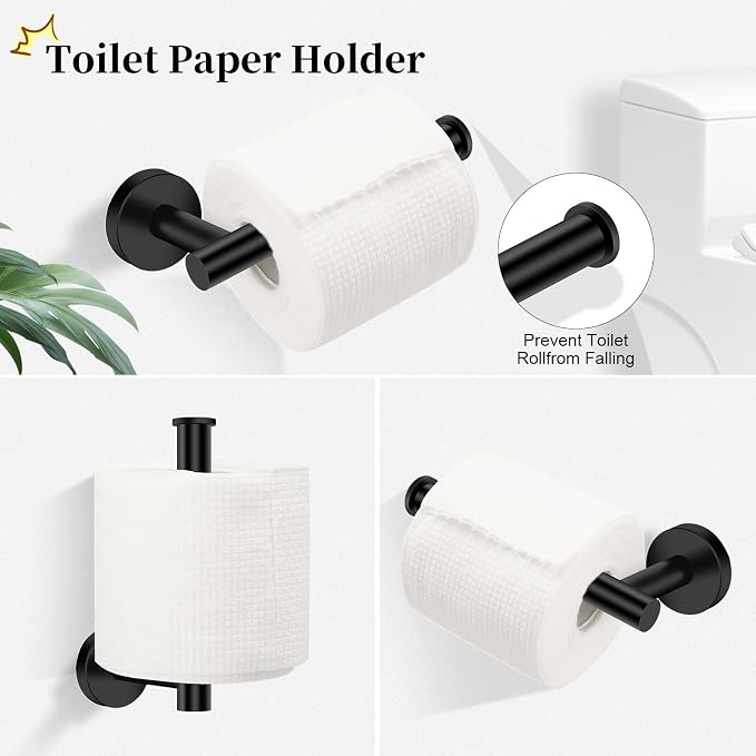 4 Piece Matte Black Stainless Steel Bathroom Hardware Set Include Hand Towel Ring, Toilet Paper Holder,and 2 Robe Towel Hooks,Bathroom Accessories Kit