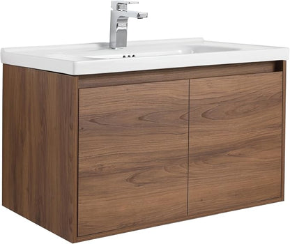 Blossom Modern 32 Inch Floating Bathroom Vanity | Walnut Wood Wall Mount Cabinet & Ceramic Sink | Water-Resistant Wood Core | Soft-Close Minimalist Storage for Master Bath