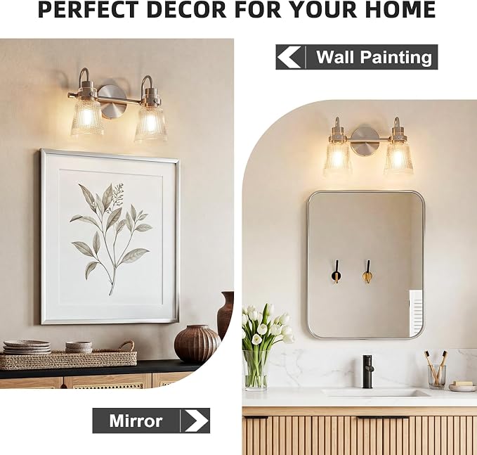 2-Light Brushed Nickel Bathroom Light Fixtures 13.8 Inch Vanity Lights for Bathroom Lighting Fixtures Over Mirror with Clear Striped Glass Shade for Bedroom Hallway Cabinet Porch