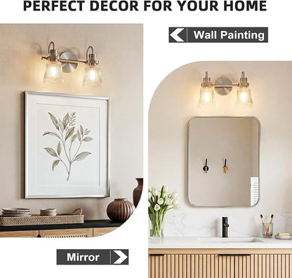 2-Light Brushed Nickel Bathroom Light Fixtures 13.8 Inch Vanity Lights for Bathroom Lighting Fixtures Over Mirror with Clear Striped Glass Shade for Bedroom Hallway Cabinet Porch