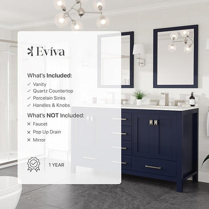 Eviva Aberdeen 60 in. Blue Double Sink Bath Vanity with Carrara Quartz Top and Undermount Porcelain Sinks