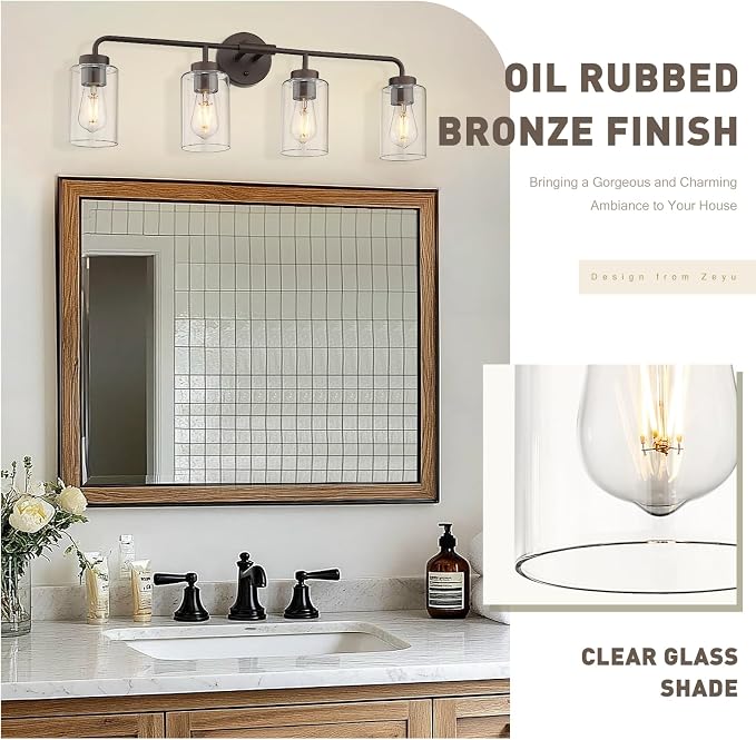 zeyu 30.6" 4-Light Bronze Bathroom Vanity Light, Clear Glass, ZS62B-4W ORB | Oil Rubbed Bronze Bathroom Light, 30.6-Inch 4-Light Design, Clear Glass Shades, Hardwired, Up/Down Mount, ETL Listed
