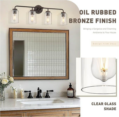 zeyu 30.6" 4-Light Bronze Bathroom Vanity Light, Clear Glass, ZS62B-4W ORB | Oil Rubbed Bronze Bathroom Light, 30.6-Inch 4-Light Design, Clear Glass Shades, Hardwired, Up/Down Mount, ETL Listed