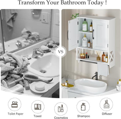 20" x 25" Bathroom Wall Cabinet with Towel Bar, White Painted Wall Mounted Storage Cabinet with Adjustable Shelf, Over The Toilet Medicine Cabinet, Wood Wall Cabinet for Bathroom Laundry Room