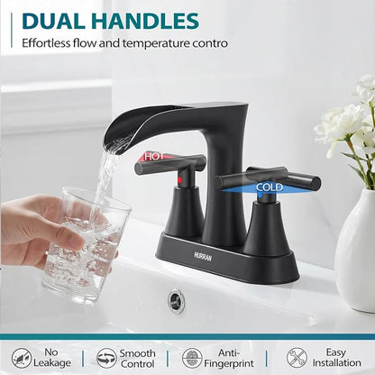 Waterfall Bathroom Faucets 3 Hole, HURRAN 4 Inch Centerset Bathroom Sink Faucet with Pop-up Drain, Stainless Steel 2 Handle Modern Sink Faucet Mixer Tap for Vanity RV Restroom Basin, Matte Black