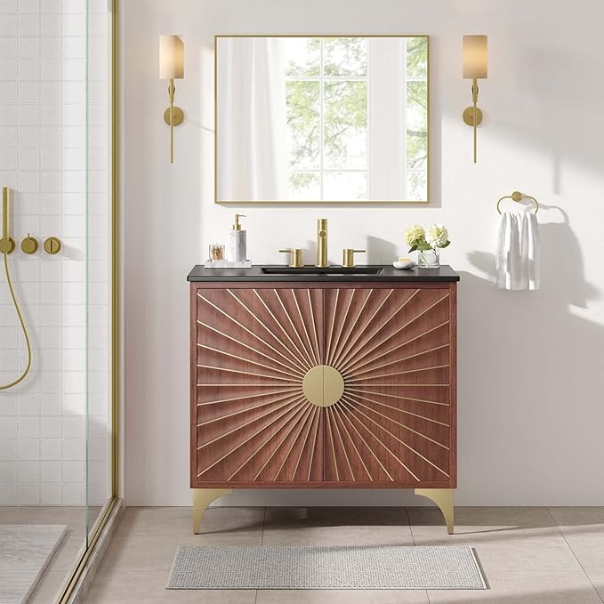 Modway Daylight Bathroom Vanity Cabinet with Ceramic Sink Basin, 36 Inch, Black Walnut