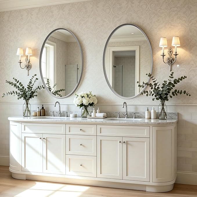 Brushed Nickel Oval Bathroom Mirror 24x36 Inch | Silver Vanity Mirror, Crystal-Clear HD Glass, Rust-Proof Aluminum Frame, Inner-Curved Decor for Bedroom, Entryway Renovation