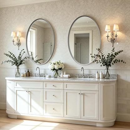 Brushed Nickel Oval Bathroom Mirror 24x36 Inch | Silver Vanity Mirror, Crystal-Clear HD Glass, Rust-Proof Aluminum Frame, Inner-Curved Decor for Bedroom, Entryway Renovation