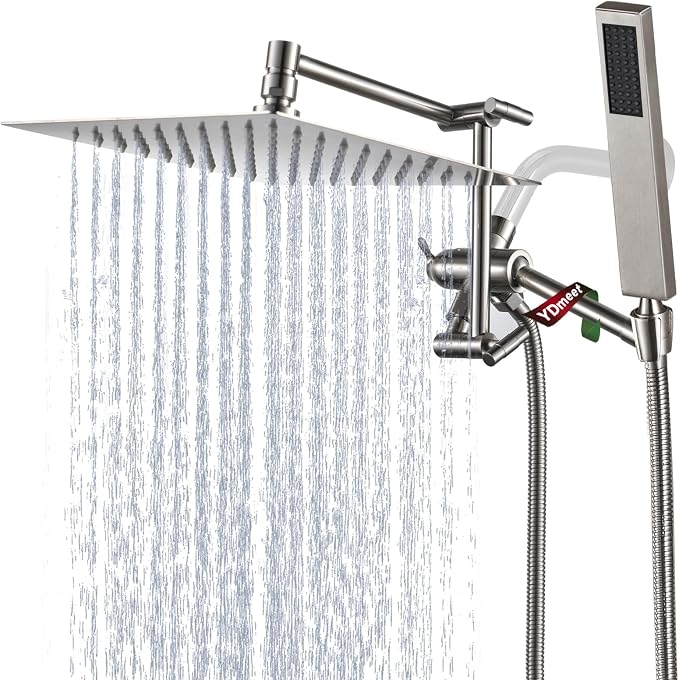 All Metal Rain Shower Head with Handheld Combo, YDmeet 10" Rainfall Shower Head, Stainless Steel Hand Wand, 3 Setting Diverter, Adjustable Extension Arm w/Lock Joints, Extra Long Hose, Brushed Nickel
