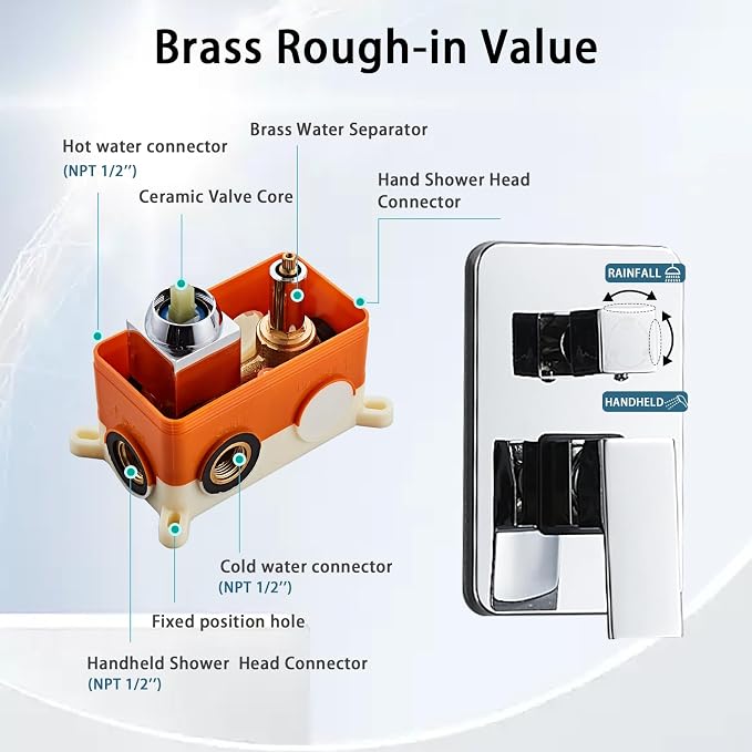 8 Inch Shower Faucet Set, Rainfall Shower System with High Pressure Handheld Shower Head, Bathroom Mixer Wall Mounted Shower Faucet Rough-in Valve and Trim Kit, Polish Chrome, with 3-Setting