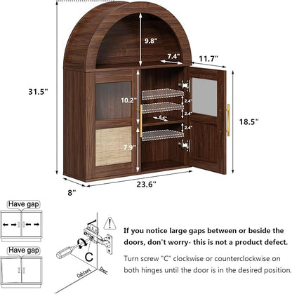 RUSTOWN Arched Bathroom Wall Cabinet with 2 Glass & Rattan Doors | Rattan Medicine Cabinet, Farmhouse Over the Toilet Storage Cabinet, Adjustable Shelves, 3-Tier Wall Mounted Cabinets