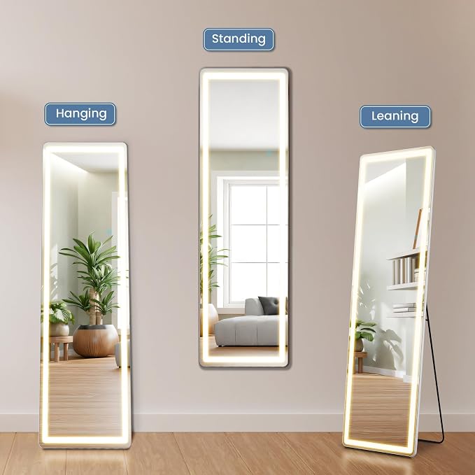 DUMOS LED Mirror Full Length with Stand, 16"x60" Full Body Wall Mirror | LED Lights 3 Color Lighting and Shatterproof Tempered Glass, Wall Hanging or Leaning, Floor Standing, Modern Home Decor