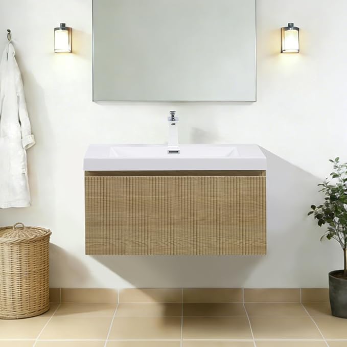 30 Inch Floating Bathroom Vanitywith Sink, Natural Oak | Storage Cabinet Wall Mounted Striped Cabinet, Glossy White Solid Surface Basin, Soft Close Drawers, Fully Assembled