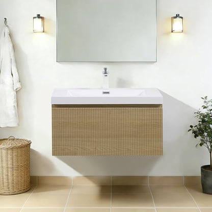 30 Inch Floating Bathroom Vanitywith Sink, Natural Oak | Storage Cabinet Wall Mounted Striped Cabinet, Glossy White Solid Surface Basin, Soft Close Drawers, Fully Assembled