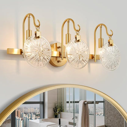WUZUPS 3-Light Bathroom Light Fixture Over Mirror Morden Vanity Wall Sconces Clear Glass Shade for Bedroom Living Room, E12 Base, Brass Gold