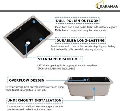 16 Inch Undermount Bathroom Sink Black Rectangle Sink with Overflow | 15-3/4"x11-3/4" Black Under Counter Design,Ceramic,Easy to Clean,Modern Style,Ideal for bathroom, vanity, lavatory, restroom
