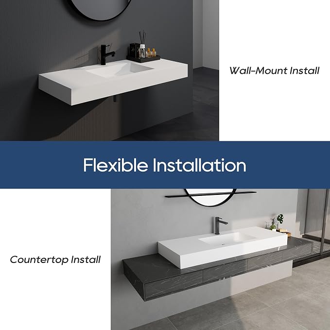 SJ Star&Jane 48" x 19" in Solid Surface Bathroom Sink, Wall-Mount or Countertop Vessel Sink, Rectangle Floating Vanity Sink, Pre-installed Faucet Holes, Durable Modern Design