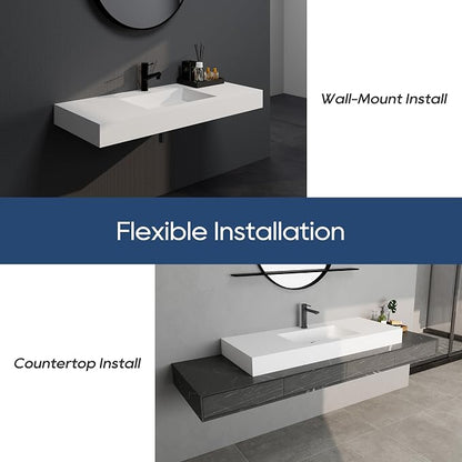 SJ Star&Jane 48" x 19" in Solid Surface Bathroom Sink, Wall-Mount or Countertop Vessel Sink, Rectangle Floating Vanity Sink, Pre-installed Faucet Holes, Durable Modern Design