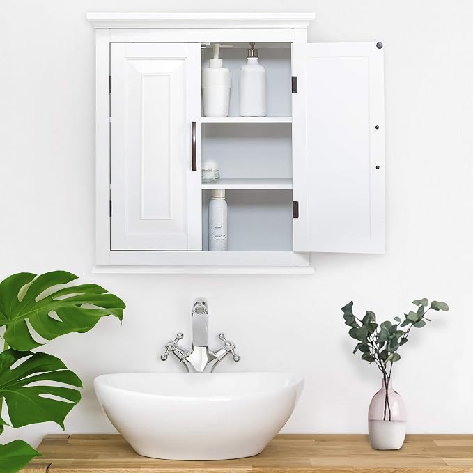 Teamson Home St. James Removable Wood Wall Cabinet 2 Doors 2 Adjustable Shelves 3 Storage Spaces, White | Storage