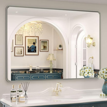 OKPAL 44 x 30 Inch Silver Bathroom Mirror for Wall, Brushed Nickel Bathroom Vanity Mirror, Rounded Rectangle Beveled Silver Framed Mirror, Anti-Rust, HD Tempered Glass(Horizontal/Vertical)