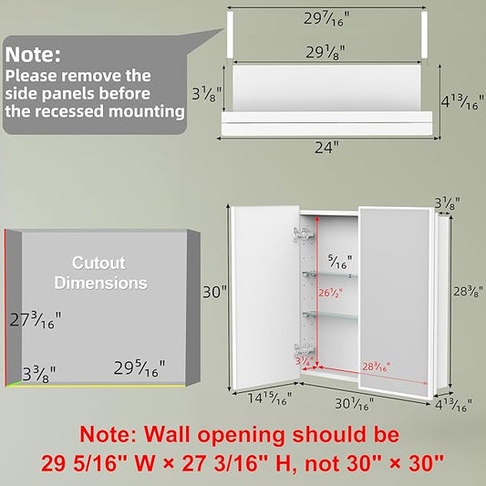 Buruis 30" x 30" Framed Medicine Cabinet with Mirror, Recessed or Wall Mounted Bathroom Cabinet, Adjustable Tempered Glass Shelves, Left/Right Open Reversible, No Assembly Required, White