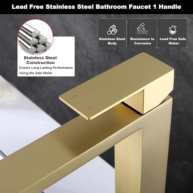 Brushed Gold Vessel Sink Faucet, Gold Bathroom Faucet Single Hole, Single Handle Tall Bathroom Sink Faucet with Pop Up Drain, AML-11411-BG