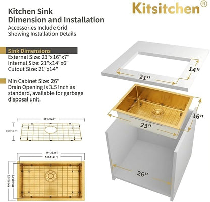 Kitsitchen Gold RV Kitchen Sink,16 Gauge T304 Stainless Steel Undermount Kitchen Sinks with Strainers & Bottom Gird, 23" x 16" x 7" Single Bowl Drop In Kitchen Sink for RV, Outdoor,Bathroom,Camper