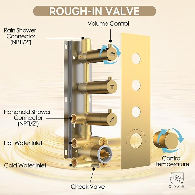 Shower Faucet Set,Thermostatic Shower System Brushed Gold,12 Inch Ceiling Mounted and 6 Inch Wall Mount Rain Shower Head with 2 in 1 Handhled,High Pressure Dual Shower Head Combo Set