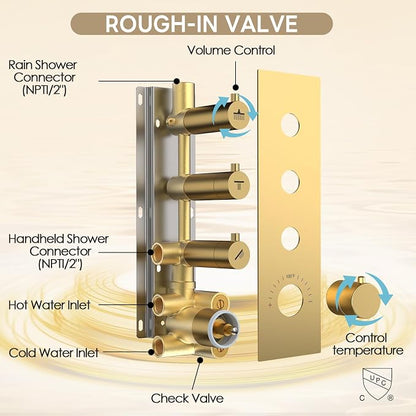 Shower Faucet Set,Thermostatic Shower System Brushed Gold,12 Inch Ceiling Mounted and 6 Inch Wall Mount Rain Shower Head with 2 in 1 Handhled,High Pressure Dual Shower Head Combo Set