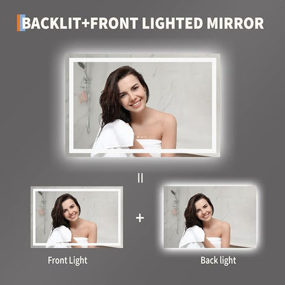 GarveeHome 45x30 LED Bathroom Mirror with Lights, Dimmable, Anti-Fog, Backlit + Front Lit, Lighted Bathroom Vanity Mirror for Wall, Memory Function, Shatter-Proof (Horizontal/Vertical)