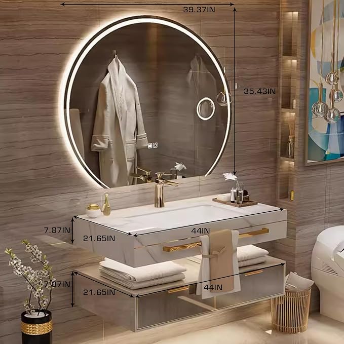 44 Inch Luxury Bathroom Vanity, Floating Bathroom Vanity with Sink and LED Round Smart Defogger Mirror, Multilayer solid wood Spacious Storage Drawer Include Faucet and Drain Fittings,Single Sink