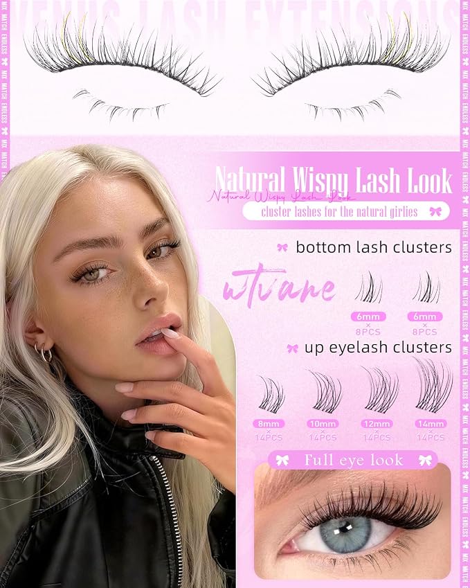 Natural Lash Clusters Wispy Eyelash Clusters Lashes DIY 8-14mm Venus Lash Extensions with 6mm Bottom Lash Clusters Invisible Band Lashes Short Cluster Eyelash Extensions Natural Look