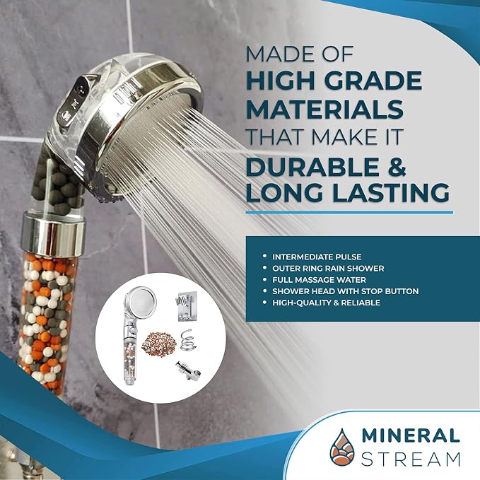 MineralStream Ionic Shower Head 2.0 Full Kit with Replacement Beads + Hose + Shower Holder + Arm Diverter| 3 Settings High Pressure Water Saving Showerhead for Dry Hair & Skin