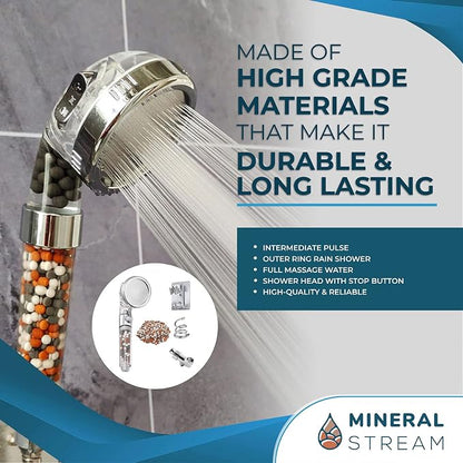MineralStream Ionic Shower Head 2.0 Full Kit with Replacement Beads + Hose + Shower Holder + Arm Diverter| 3 Settings High Pressure Water Saving Showerhead for Dry Hair & Skin