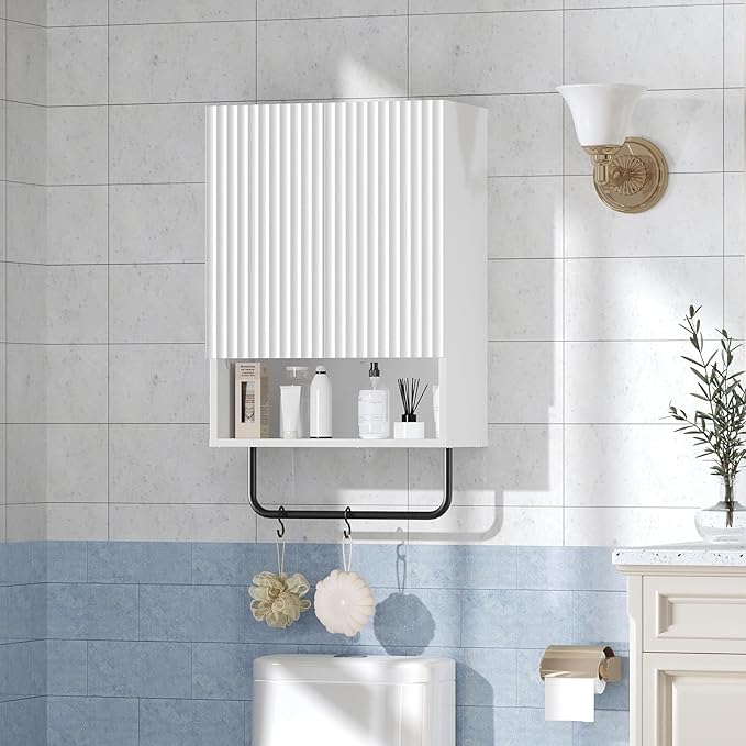 Bathroom Wall Cabinet, Wall Mounted Medicine Cabinets with Towel Bar & Adjustable Shelf, Over The Toilet Space Saver Storage Cabinet with 2 Doors, for Bathroom Laundry Room Kitchen, White