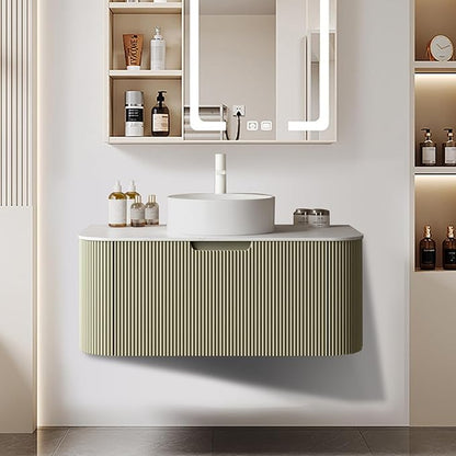 LKTART 36 Inch Green Floating Bathroom Vanity with Sink, Modern Wall Mounted Bathroom Storage Cabinet with Drawer, Round White Ceramic Sink Top and Marble Texture Top