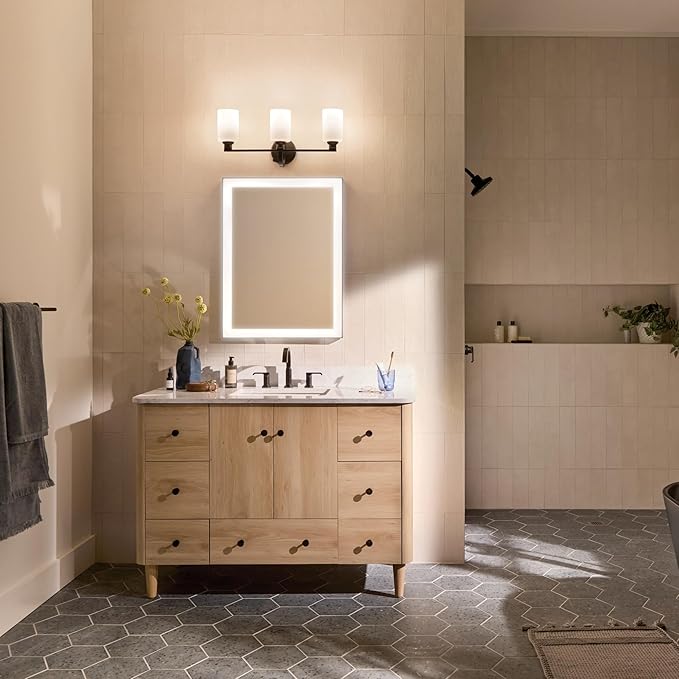 Kichler Gioe 24.25" 3-Light Vanity Light with Opal Glass in Black, Damp Rated, for Bathroom, Powder Room, Over a Mirror, (24.25" W x 10.5" H), 55226BK